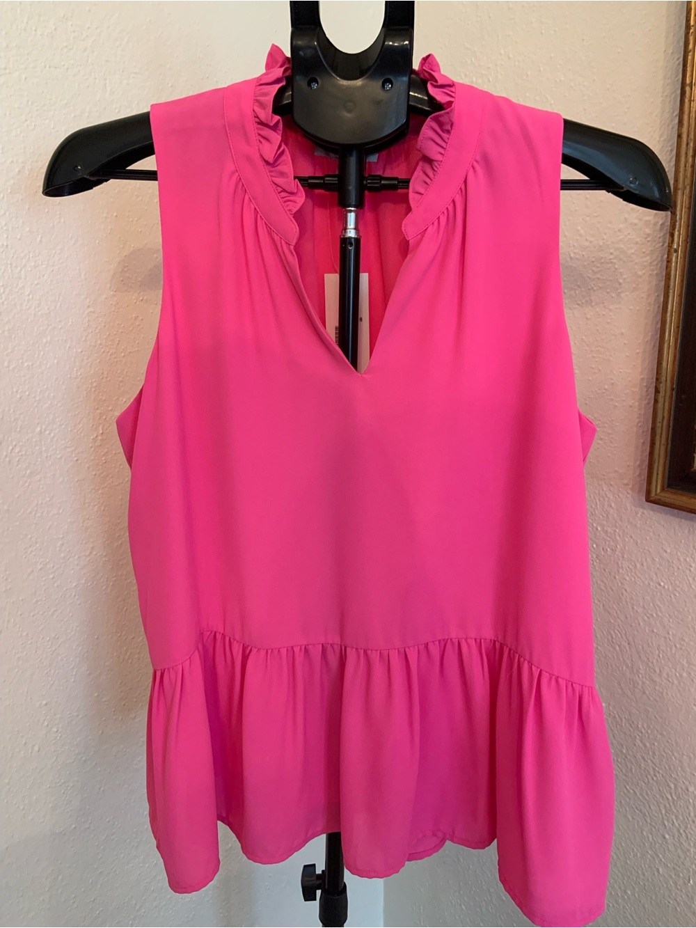Jade Melody Tam Ruffled Sleeveless Peplum Blouse in Bright Pink